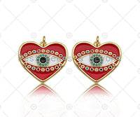 Gold Filled White Enamel Evil Eye On Red Enamel Heart Pendant,CZ Micro Pave 18K Gold Filled Enamel Charm, Enamel Jewelry, 24x21mm,Sku#Y457