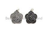 CZ Micro Pave Rose Flower Shape Pendant, Antique Silver Tone, Cubic Zirconia Pave Flower Charm Pendant, 23x25mm,sku#F1029