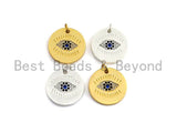 Cobalt CZ Micro Pave Round Evil Eye on Disc Pendant/Charm, Lucky eye Cubic Zirconia Pendant, Silver/Gold Tone,19x19mm,Sku#Y205