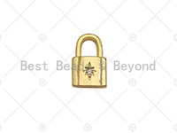 18K Gold Dainty Pad Lock Charm with Pave Star, Pave lock Pendant, Gold/Silver Padlock, 8x12mm, Sku#LK31