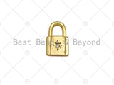 18K Gold Dainty Pad Lock Charm with Pave Star, Pave lock Pendant, Gold/Silver Padlock, 8x12mm, Sku#LK31