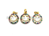CZ Colorful Micro Pave Smiley Face Charm/Pendant, Round Face Shaped Pave Pendant, Gold plated, 10x12mm, Sku#F843