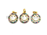 CZ Colorful Micro Pave Smiley Face Charm/Pendant, Round Face Shaped Pave Pendant, Gold plated, 10x12mm, Sku#F843