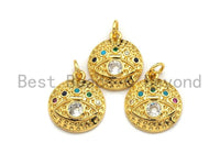 CZ Colorful Micro Pave Round  Gold With Evil Eye Coin Pendant, Coin Shaped Pave Pendant, Gold plated, 15x17mm, Sku#F866