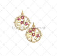 Fuchsia CZ Micro Pave Flower On Round Frame Shape Pendant,18K Gold Filled Flower Charm, Necklace Bracelet Charm Pendant, 21x21mm, Sku#LK469