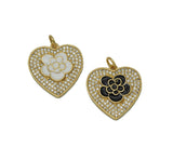 Black White Enamel Rose Flower On CZ Heart Charm, Sku#L671