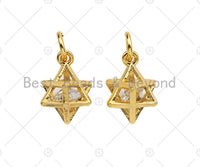 3D Gold Star With Big CZ Charms, Star Cage Pendant, Star Cage Necklace Bracelet Charms, 10x12mm, Sku#Y272