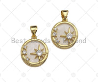 Clear CZ Micro Pave North Star On Round Coin Shape Pendant Charm, Cubic Zirconia Round Coin Mother Of Pearl Charm,14x16mm,sku#LK160