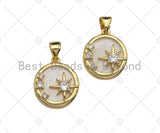 Clear CZ Micro Pave North Star On Round Coin Shape Pendant Charm, Cubic Zirconia Round Coin Mother Of Pearl Charm,14x16mm,sku#LK160