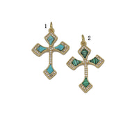 Gold CZ Turquoise/Malachite Cross Charm, Sku#L698