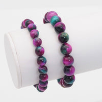 Fuchsia Blue Tiger Eye Round Stretchy Bracelet, Sku#EF436