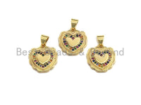 CZ Colorful Micro Pave Lace Heart Gold Pendant, Heart Shaped Pave Pendant, Gold plated, 14x15mm, Sku#F949