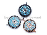 CZ Micro Pave Turquoise Round Coin Connector, Cubic Zirconia Paved Coin Evil Eye Space Connector, 17x12mm, sku#E185