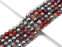 Half Silver Plated Natural Red Banded Agate Roudn Faceted Beads, Sku#UA252