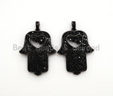 Black CZ Pave On Black Micro Pave Hamsa Hand with Heart Pendant/Charm,Cubic Zirconia Pendant,Fashion Jewelry Findings, 27x35mm, sku#F539