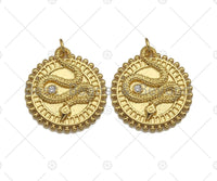 CZ Micro Pave Embossment Snake On Round Coin Charm/Pendant,Emblem Shape Charm, Snake Pave Pendant, Gold plated charm, Sku#LK129