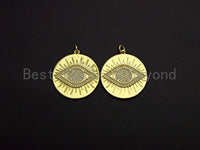 CZ Micro Pave Evil Eye On Round Coin Pendant, Cubic Zirconia Round Pendant, Gold Tone pendant, 26mm, sku#F1114