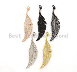 CZ Micro Pave Leaf Feather Pendant, Gold/Rose gold/Silver/Black plated, Cubic Zirconia leaf Pendant/Charm,46x12mm,sku#F511