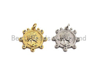 Medallion Coin Pendant/Charm, Medallion Cubic Zirconia Pendant, Silver/Gold Tone, 20x20mm,Sku#Z449