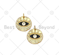 CZ Micro Pave Evil Eye On Round Coin Shape Pendant,18K Gold Filled Enamel Evil Eye Charm, Necklace Bracelet Charm Pendant, 17x16mm,Sku#Y508