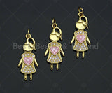 Girl With Pink Heart Pendant/Charm, Mother-of-pearl Inlay Heart Pendant, Cubic Zirconia Pendant, 11x26mm, Sku#LK74