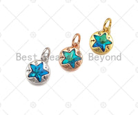 CZ Micro Pave Blue Star On Round Pendant, Gold/Rose Gold/Silver Charm, Blue Star Charm,8x6mm, Sku#Y398