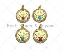 Red/Turquoise CZ Micro Pave Evil Eye On Round Coin Pendant/Charm,Cubic Zirconia Charm, Necklace Bracelet Charm Pendant,17x19mm, Sku#L414