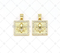 CZ Micro Pave Embossment Flower On Square Shape Pendant, 18K Gold Filled CZ Charm, Necklace Bracelet Charm Pendant,mm,Sku#LK498