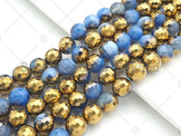 Half Gold Plated Blue Agate Beads, 8mm/10mm/12mm Round Faceted Gold Light Blue Beads, 15.5 Full Strand, sku# UA140