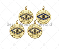 CZ Micro Pave Cobalt Blue Evil Eye On Round Coin Pendant/Charm,Cubic Zirconia Charm, Necklace Bracelet Charm Pendant,20x23mm, Sku#Y364