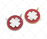 White Enamel Clover On Red Round Coin Pendant,CZ Micro Enamel pendant,Enamel Charm,Enamel Jewelry,24x27mm,sku#Z1214