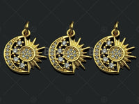 CZ Micro Pave Daint Sun Star On Cresent Moon Charms, Dainty Charms, Gold Pendant, Star Moon Necklace Charms, 14x15mm, Sku#Z1259