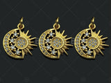 CZ Micro Pave Daint Sun Star On Cresent Moon Charms, Dainty Charms, Gold Pendant, Star Moon Necklace Charms, 14x15mm, Sku#Z1259