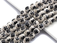 Quality Dzi Black White Aage with Flower Patten Beads, Round Faceted Tibetan Agate, 10mm beads, 15.5inch strand, SKU#U558