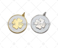 White Enamel Clover On Round Coin Pendant, Gold/Silver Enamel Pendant, Enamel Jewelry, 24x27mm, Sku#Z1215