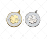 White Enamel Clover On Round Coin Pendant, Gold/Silver Enamel Pendant, Enamel Jewelry, 24x27mm, Sku#Z1215