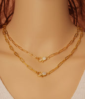 Matte/Shinny Gold Paperclip  Necklace with CZ Clasp, #EF256