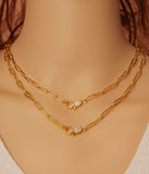 Matte/Shinny Gold Paperclip  Necklace with CZ Clasp, #EF256