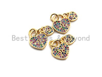 CZ Colorful Micro Pave Big heart Small Heart Lock Pendant, Heart Shaped Pave Pendant, Gold plated, 10x13mm, Sku#F825