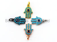 CZ Micro Pave Blue Hamsa Hand Evil Eye Pendant/Charm, Turquoise Cubic Zirconia Pave Bracelet Charms,9x13mm, sku#F339