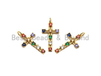 Colorful CZ Micro Pave Cross Pendant, Cz Pave Bracelet Necklace Pendant in Gold Finish,27x15mm, sku#F906