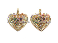 CZ Colorful Micro Pave Heart Gold With Baguette CZ Filigree Pendant, Heart Shaped Pave Pendant, Gold plated, 36x36mm, Sku#F948