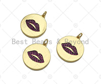 CZ Micro Pave Fuchsia Lip On Round Coin Shape Pendant Charm, Cubic Zirconia Lip Charm, Real Gold Plated Charm,20x22mm,Sku#L356