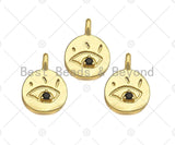 Black CZ Micro Pave Evil Eye On Round Coin Shape Charm, 18K Dainty Gold Medallion Charm, Necklace Bracelet Charm Pendant,14x19mm, Sku#LK252