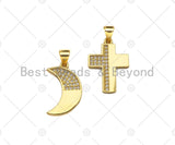 CZ Micro Pave Cresent Moon/Cross Shape Pendant/Charm,Half CZ Medallion Charm, Necklace Bracelet Charm Pendant,13x20/15x21mm, Sku#LK246