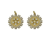 Gold CZ Embossed Five Point Star On Round Flower Charm, Sku#F1508