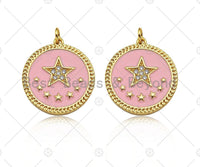 CZ Micro Pave Enamel Pink Five Star On Round Coin Pendant, 18K Gold Pendant, Star Charm, Pink Enamel Charm, 24x22mm,Sku#L565