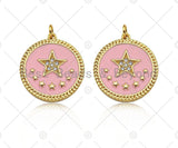 CZ Micro Pave Enamel Pink Five Star On Round Coin Pendant, 18K Gold Pendant, Star Charm, Pink Enamel Charm, 24x22mm,Sku#L565