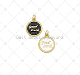 Gold Good Luck Word On Black/White Enamel Round Coin Pendant, 18K Gold Filled Enamel Charm, Necklace Bracelet charm, 17x15mm,Sku#LK458