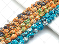 Yellow Blue Orange Mottled Jade Carved Skull Beads, Round Sm